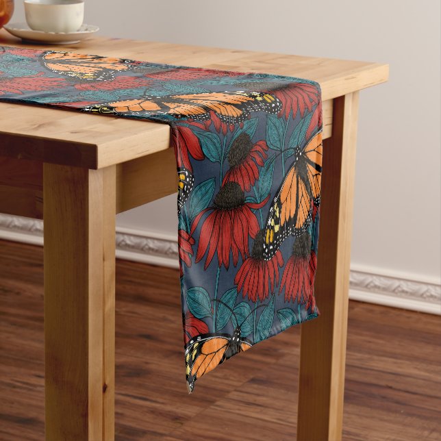 Monarch butterfly on red coneflowers short table runner (In Situ)