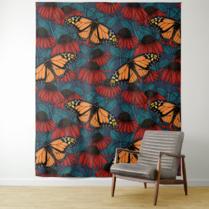 Monarch butterfly on red coneflowers tapestry