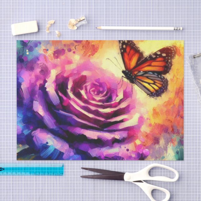 Monarch Butterfly on Rose at Sunset Decoupage Tissue Paper (Craft)