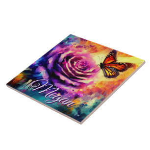Monarch Butterfly on Rose at Sunset Personalised Ceramic Tile