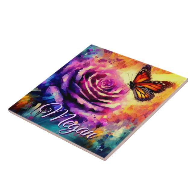 Monarch Butterfly on Rose at Sunset Personalised Ceramic Tile (Side)