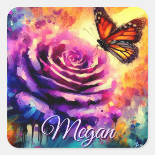 Monarch Butterfly on Rose at Sunset Personalised Square Sticker