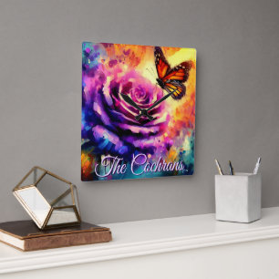 Monarch Butterfly on Rose at Sunset Personalised Square Wall Clock