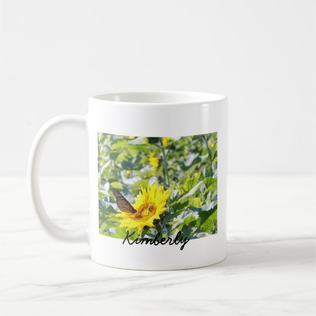 Monarch butterfly on sunflower coffee mug (Left)