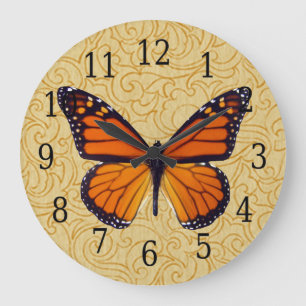 Monarch Butterfly On Swirl Wood Grain Clock