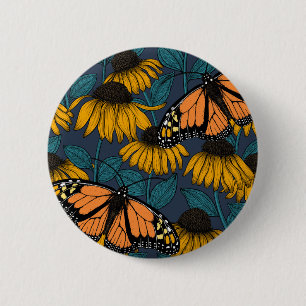 Monarch butterfly on yellow coneflowers 6 cm round badge