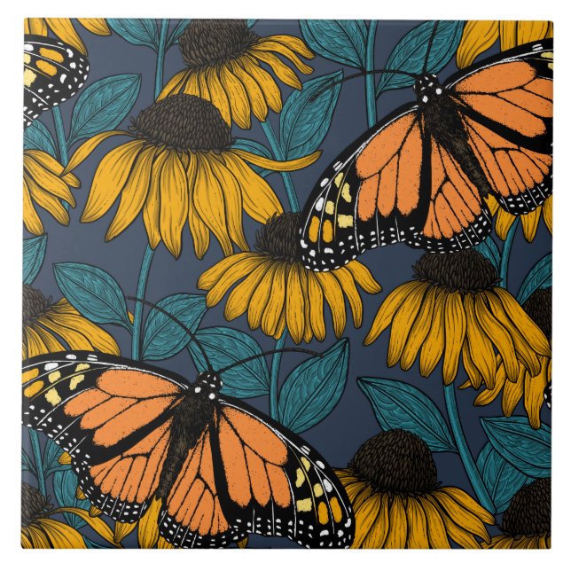 Monarch butterfly on yellow coneflowers ceramic tile (Front)
