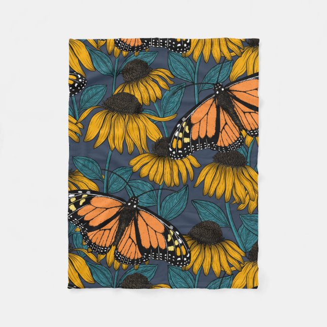 Monarch butterfly on yellow coneflowers fleece blanket (Front)