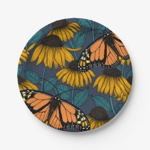 Monarch butterfly on yellow coneflowers paper plate