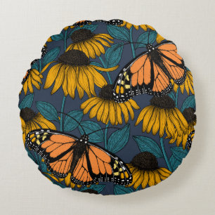 Monarch butterfly on yellow coneflowers round cushion