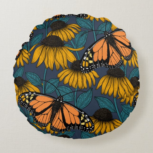 Monarch butterfly on yellow coneflowers round cushion (Front)