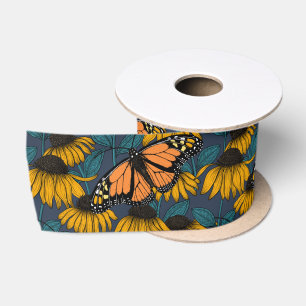 Monarch butterfly on yellow coneflowers satin ribbon
