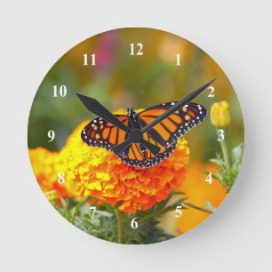 Monarch Butterfly Orange Marigold Photo Round Clock