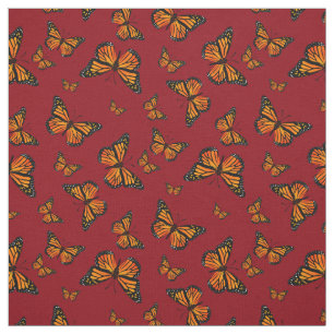 Monarch Butterfly Pattern on Dark Red Background Fabric