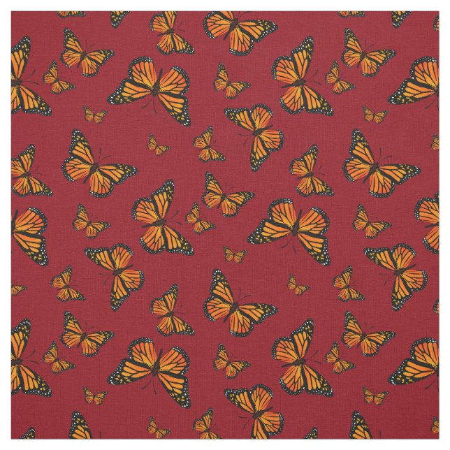 Monarch Butterfly Pattern on Dark Red Background Fabric (Swatch)