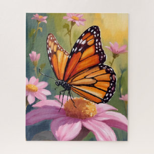 Monarch Butterfly Pink Flower Floral Painting Jigsaw Puzzle