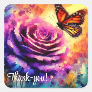 Monarch Butterfly Purple Rose Sunset Floral Square Sticker