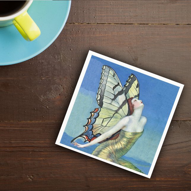 Monarch Butterfly Red Hair Vintage Fairy Napkin (Red haired butterfly fairy in gold dress under blue sky on napkins.)