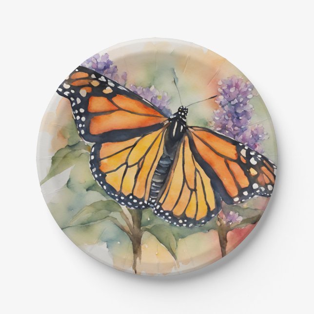  Monarch Butterfly Watercolor Print Paper Plate (Front)
