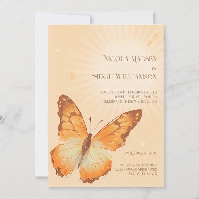 Monarch Butterfly Watercolor Wedding Invitation (Front)