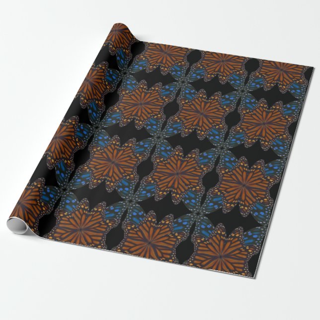 Monarch Butterfly Wing Orange And Blue Pattern  Wrapping Paper (Unrolled)