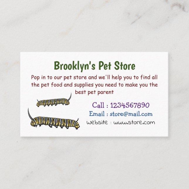 Monarch caterpillar cartoon illustration business card (Front)