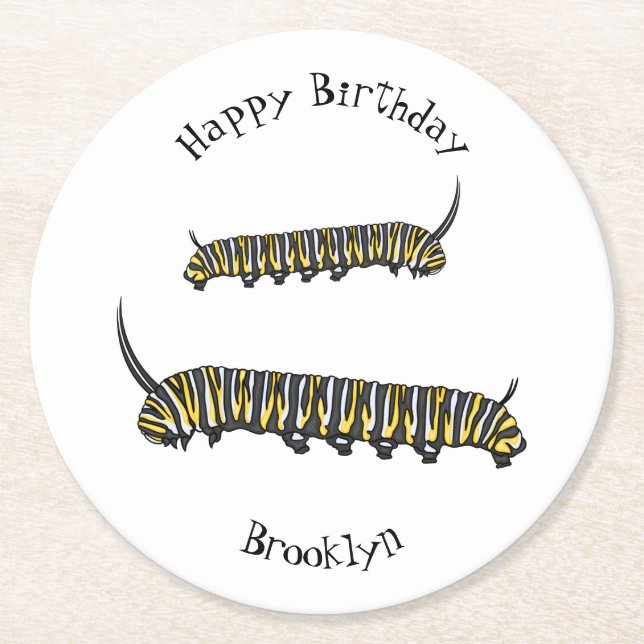 Monarch caterpillar cartoon illustration round paper coaster (Front)