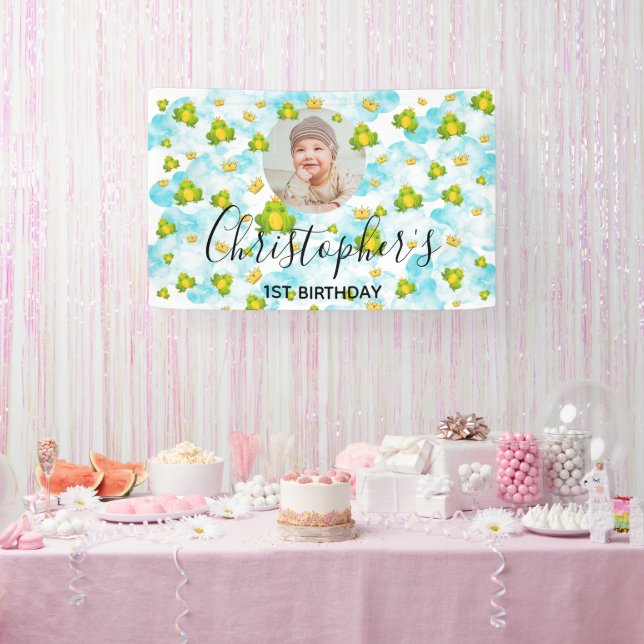 Monarch Frog Baby Photo Blue Watercolor  Banner (Party)