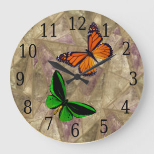 Monarch & Green Butterfly On Stein Glass Clock