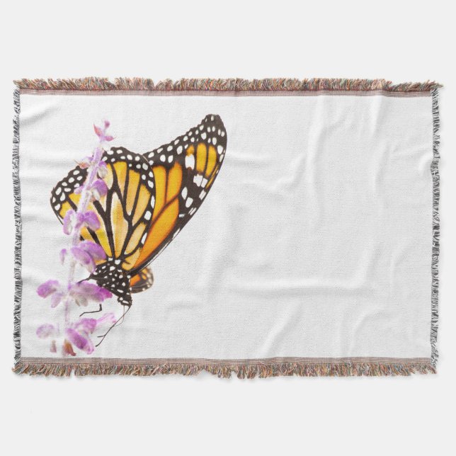 Monarch perched on lavender throw blanket (Front)
