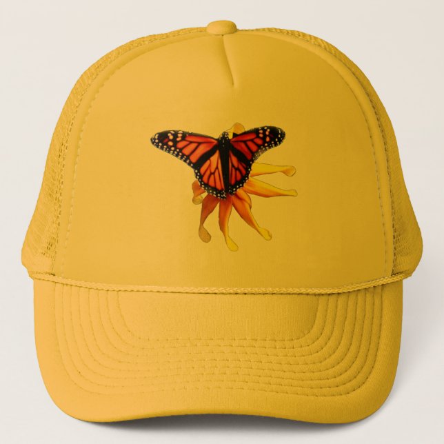 Monarch resting on a brown eyed susan trucker hat (Front)