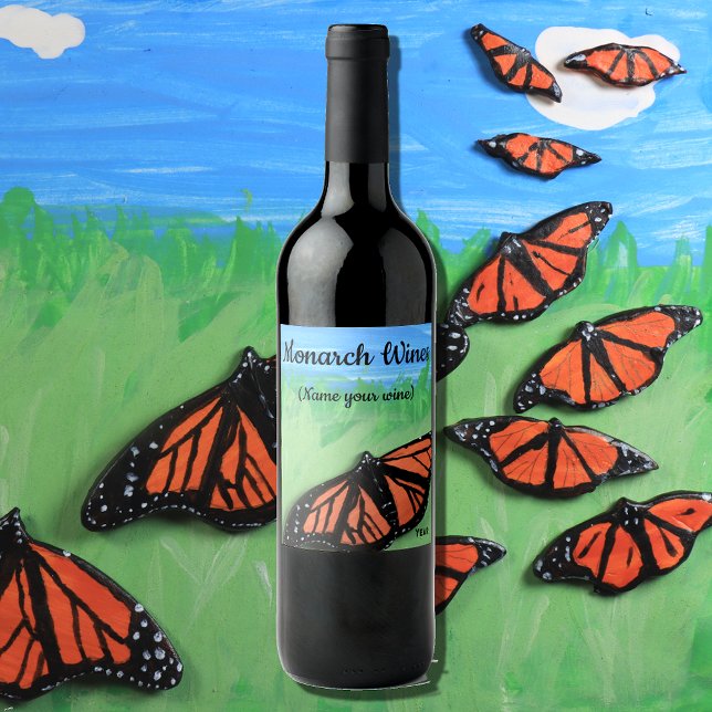 Monarch Wine Butterfly Folk Art Wine Label (Hand sculptured clay Monarchs, acrylic painted and photographed on a 5" x 8" background)