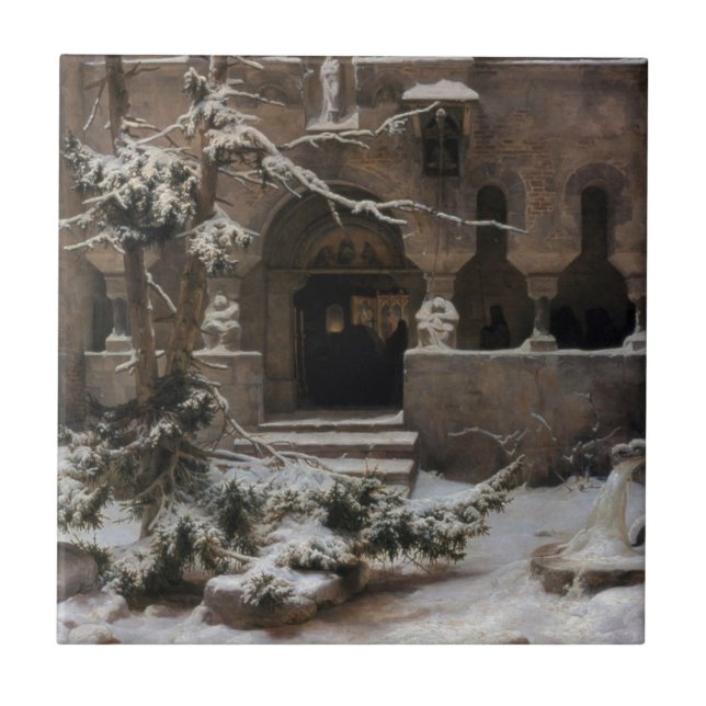 Monastery in Winter Snow (by Karl Lessing) Ceramic Tile (Front)