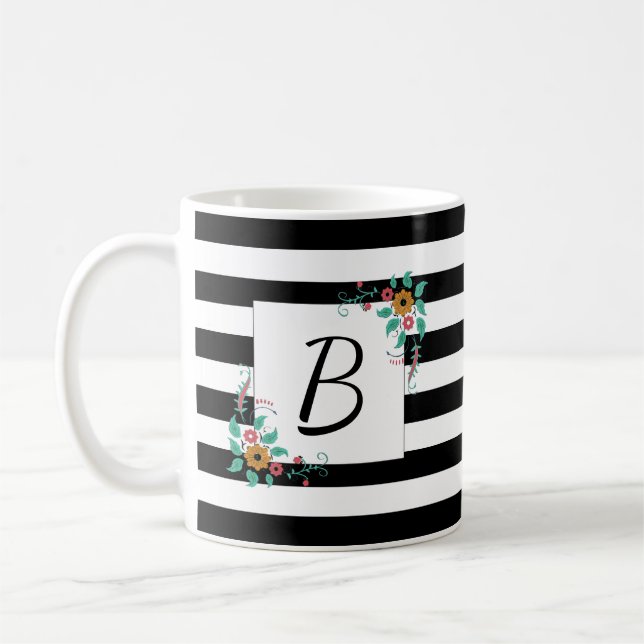 Mondern Black Stripes and Floral Monogram Coffee Mug (Left)