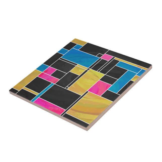 Mondrian Blue Pink Black Print Ceramic Tile (Side)