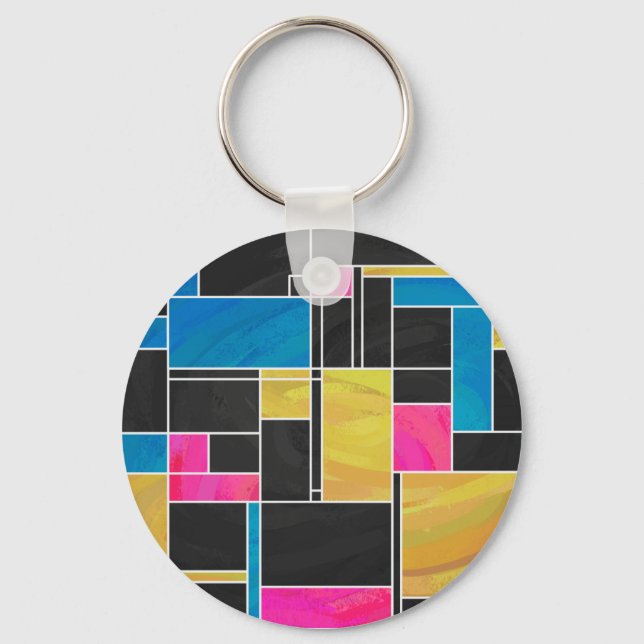 Mondrian Blue Pink Black Print Key Ring (Front)