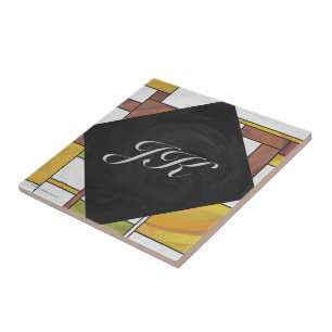 Mondrian Brown Yellow Green Print Ceramic Tile