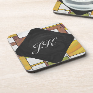 Mondrian Brown Yellow Green Print Coaster