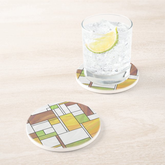 Mondrian Brown Yellow Green Print Coaster (Side)