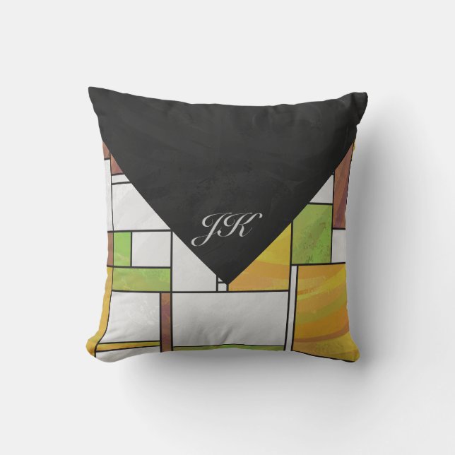 Mondrian Brown Yellow Green Print Cushion (Front)