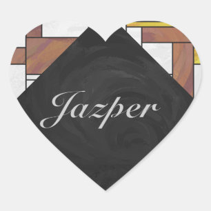 Mondrian Brown Yellow Green Print Heart Sticker