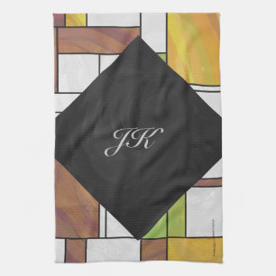 Mondrian Brown Yellow Green Print Tea Towel