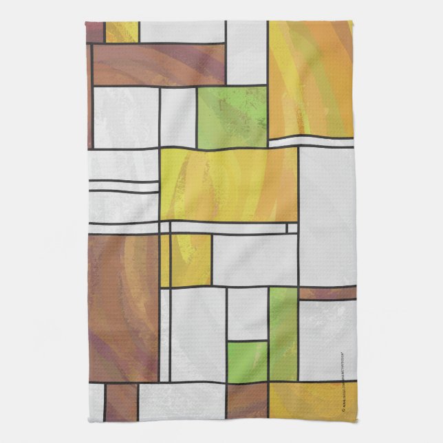 Mondrian Brown Yellow Green Print Tea Towel (Vertical)