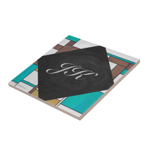 Mondrian Brown Yellow Teal Print Ceramic Tile