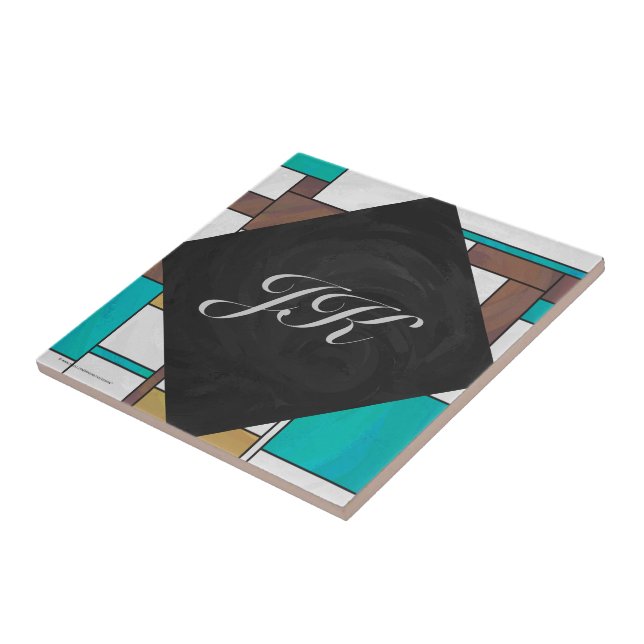 Mondrian Brown Yellow Teal Print Ceramic Tile (Side)