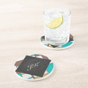 Mondrian Brown Yellow Teal Print Coaster