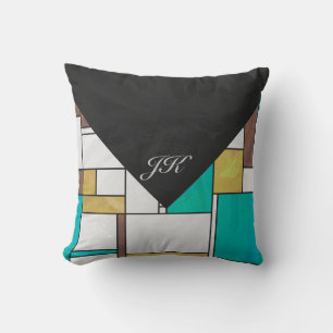 Mondrian Brown Yellow Teal Print Cushion