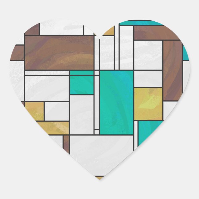 Mondrian Brown Yellow Teal Print Heart Sticker (Front)