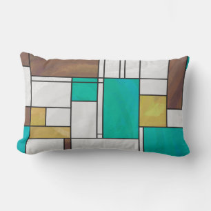 Mondrian Brown Yellow Teal Print Lumbar Cushion