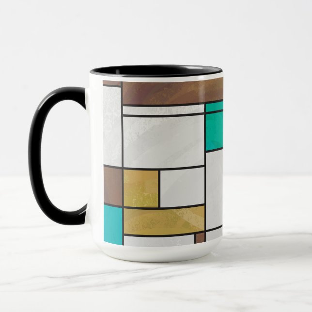 Mondrian Brown Yellow Teal Print Mug (Left)